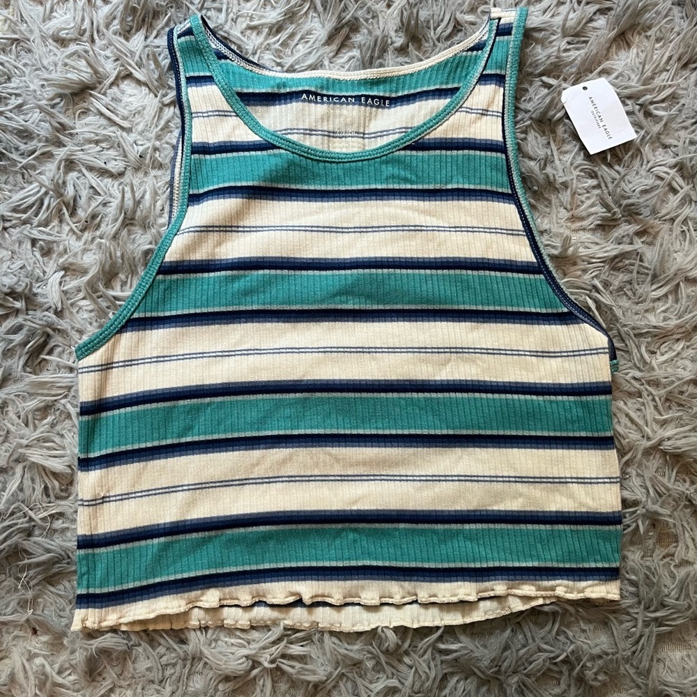 American Eagle Outfitters Green and Cream Striped Tank Top